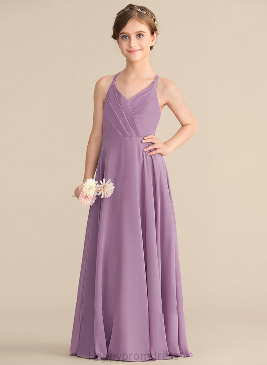 Junior Bridesmaid Dresses V-neck Chiffon Ruffles Morgan Floor-Length Cascading A-Line With