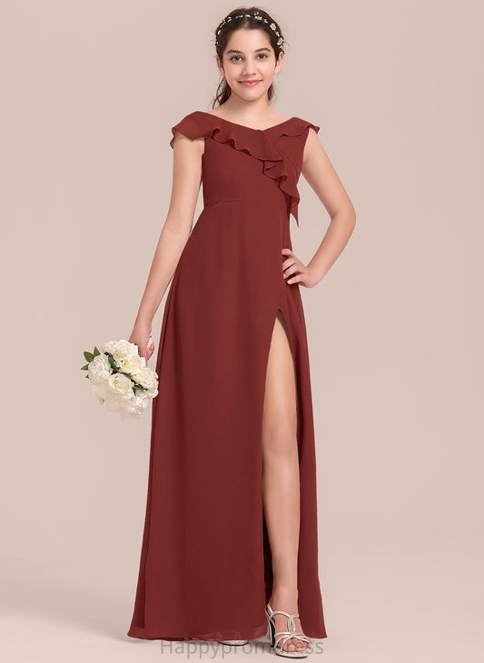 With Quintina Floor-Length Cascading V-neck Front Ruffles A-Line Chiffon Junior Bridesmaid Dresses Split