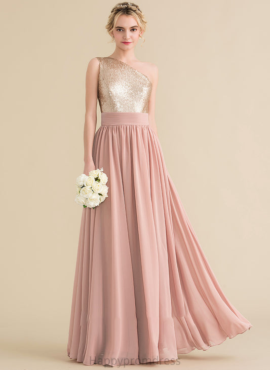 Fabric Straps A-Line Silhouette Length Floor-Length Sequined Neckline One-Shoulder Kamila Sleeveless A-Line/Princess Bridesmaid Dresses