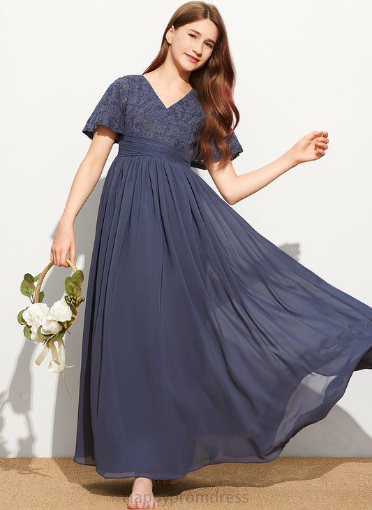 Floor-Length Junior Bridesmaid Dresses A-Line Gwendolyn V-neck Bow(s) Lace With Chiffon