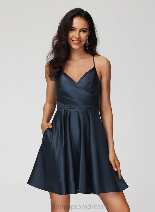 Pleated Short/Mini With Dress Satin Homecoming Dresses A-Line India V-neck Homecoming