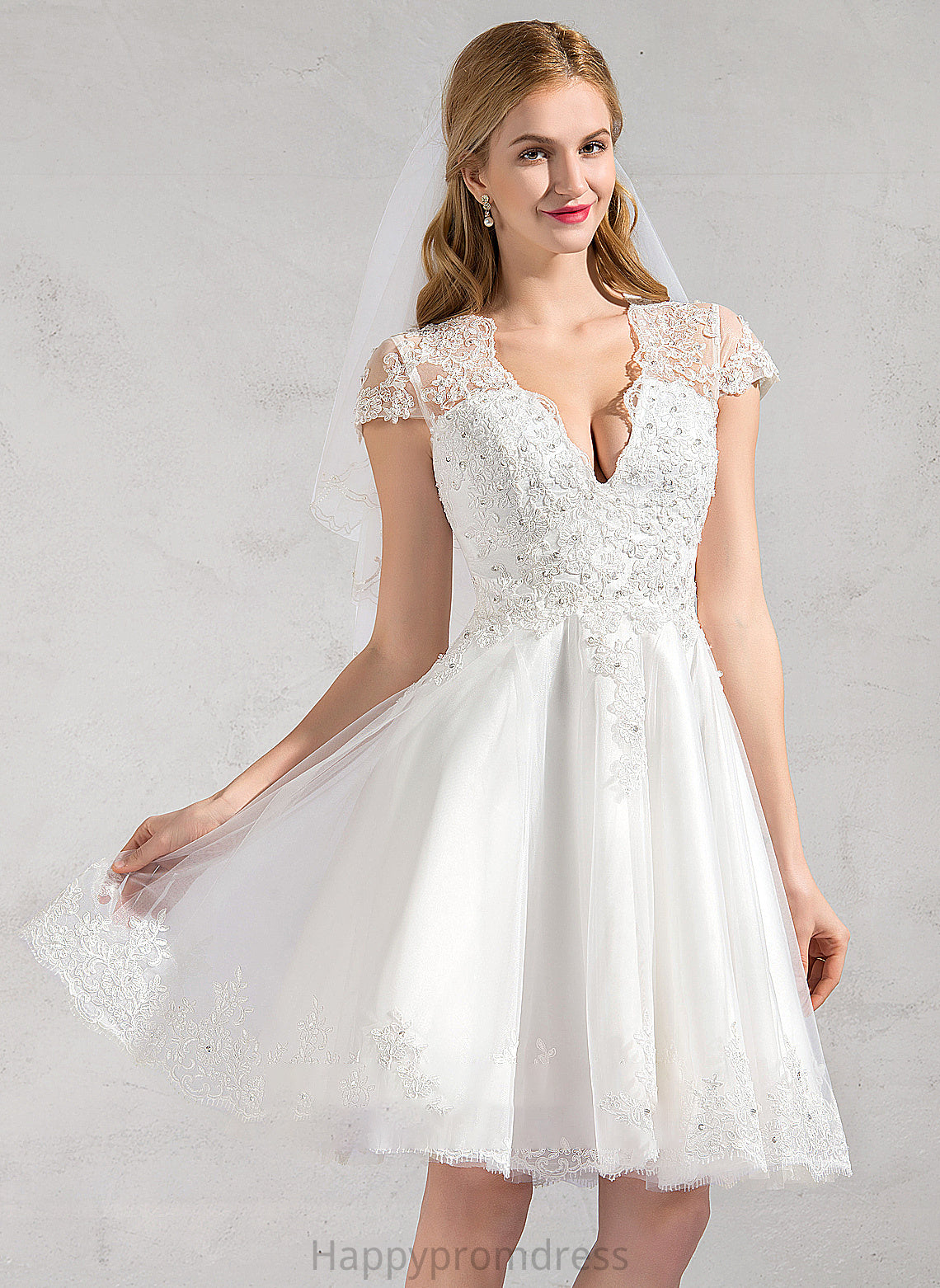 Wedding Tulle Beading Lace Knee-Length Dress Appliques Sequins With Wedding Dresses Lace A-Line Jazmin V-neck