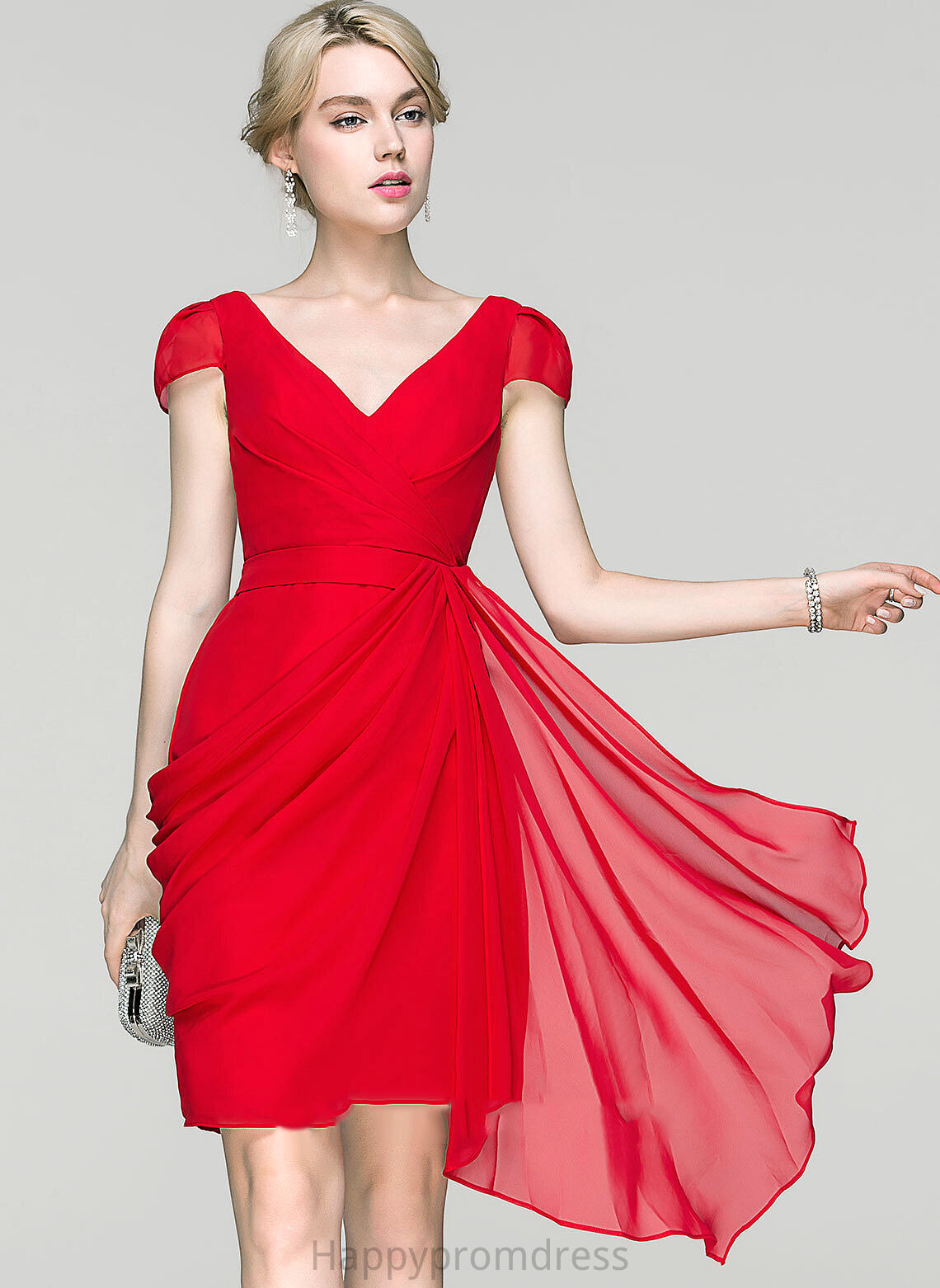 Ruffles Cocktail With Sheath/Column Chiffon Cascading Dress Cocktail Dresses Knee-Length V-neck Valery Ruffle