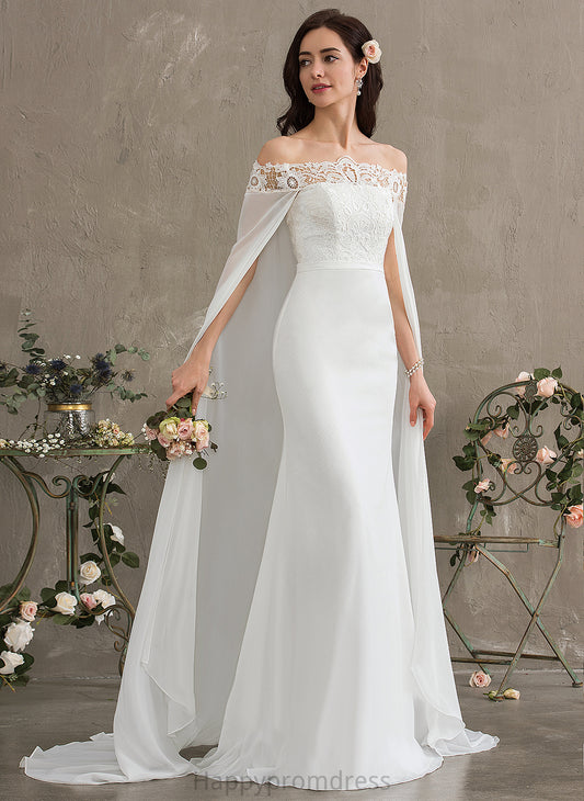 Wedding Dresses Off-the-Shoulder Sheath/Column Chiffon Lace Lace With Train Nathalia Dress Wedding Court