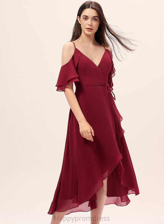 Miah Chiffon V-neck Asymmetrical Dress A-Line Cascading With Cocktail Ruffles Cocktail Dresses