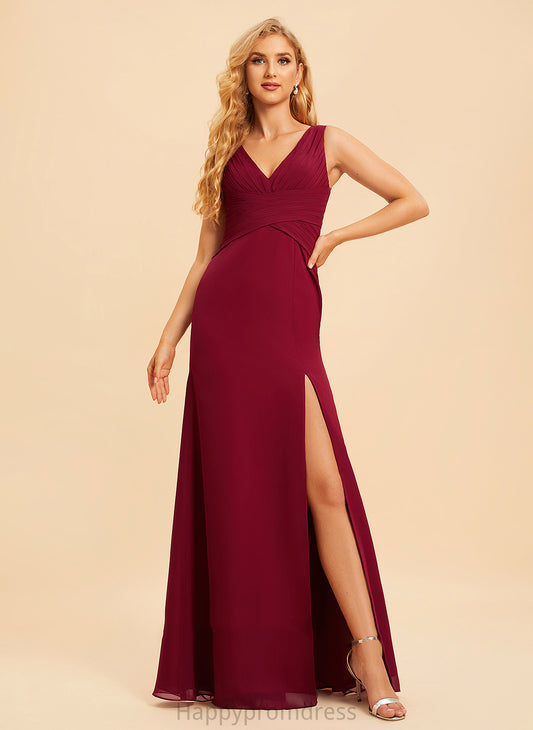 Floor-Length SplitFront V-neck Embellishment Trumpet/Mermaid Length Fabric Silhouette Neckline Judy Scoop Natural Waist Bridesmaid Dresses