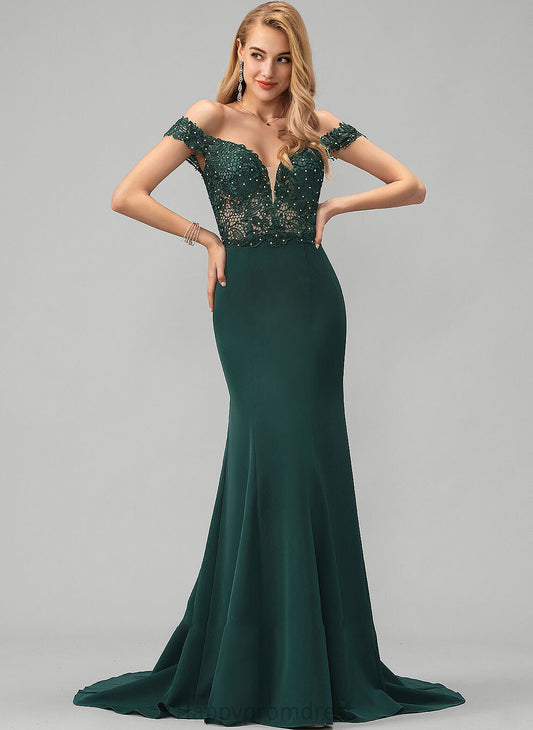 Off-the-Shoulder Prom Dresses Train Sequins Lace Kailey Trumpet/Mermaid With Stretch Crepe Beading Sweep