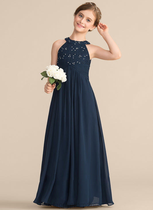 Scoop Ruffle Junior Bridesmaid Dresses A-Line Chiffon With Lace Abigayle Neck Beading Floor-Length