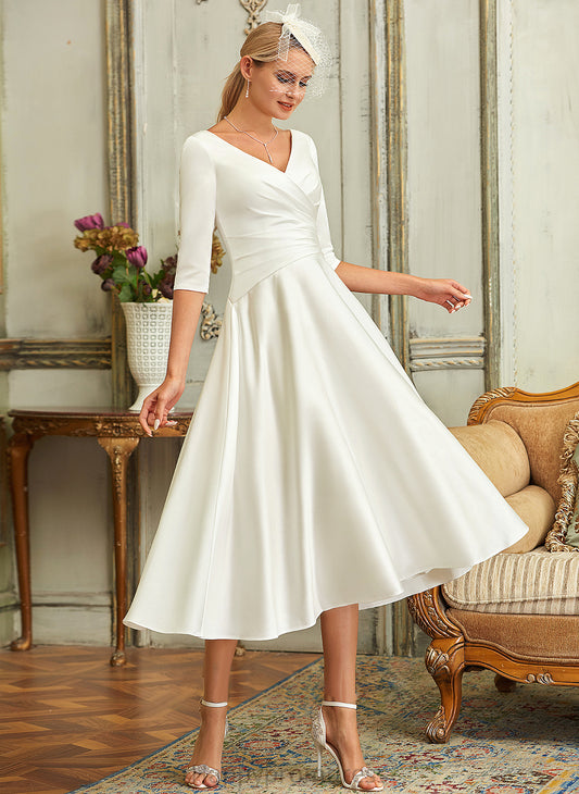 A-Line Wedding V-neck Wedding Dresses Dress Taylor Tea-Length Satin