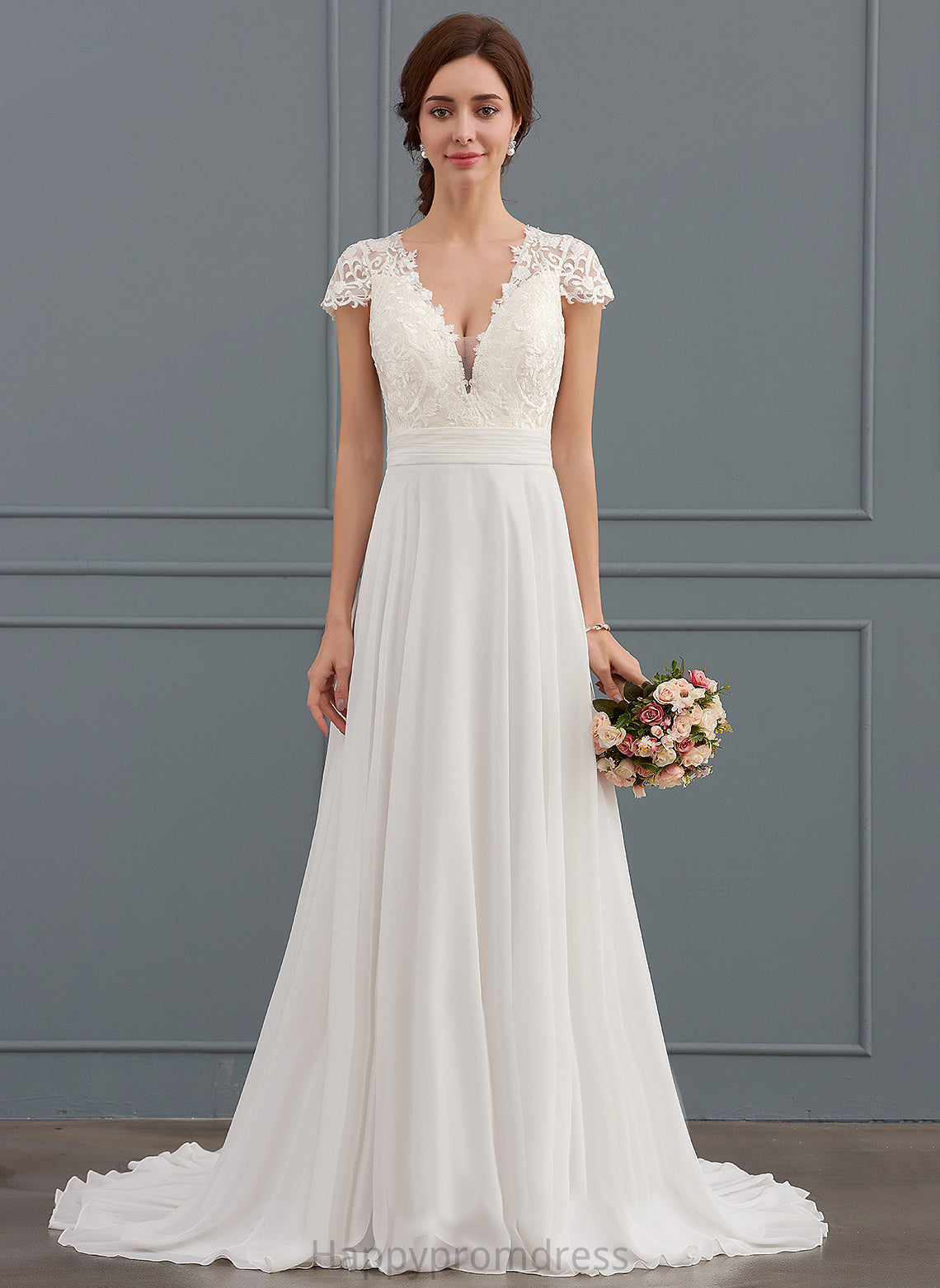 Wedding Dresses V-neck Dress Train A-Line With Wedding Sweep Lace Jill Ruffle Chiffon