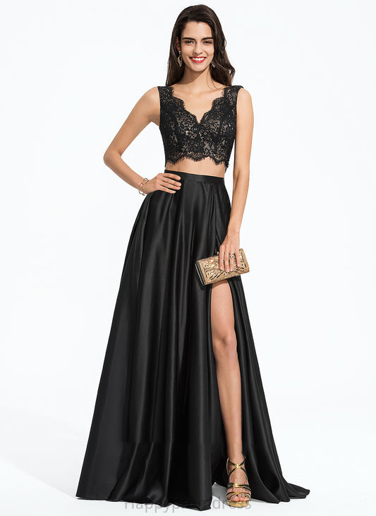 Split Front Gertrude Prom Dresses With A-Line V-neck Floor-Length Satin