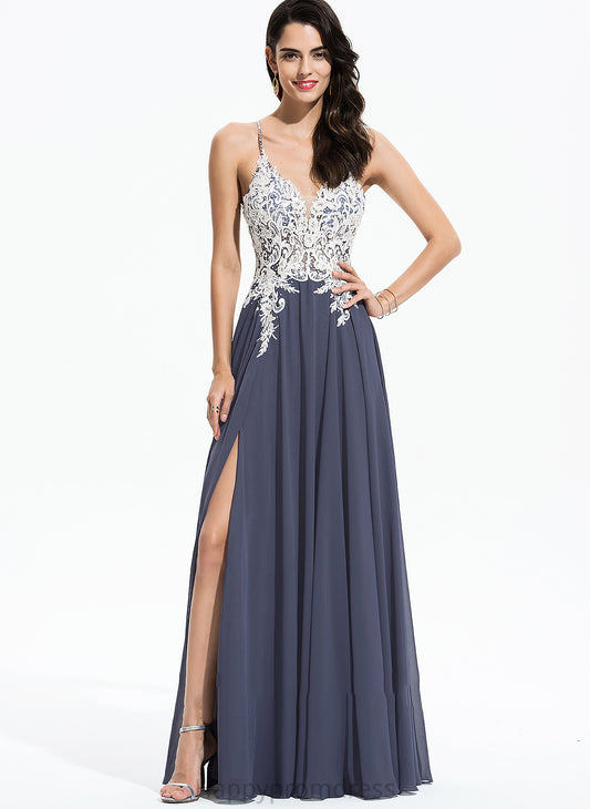 A-Line Chiffon Front Jaidyn Beading Floor-Length With Sequins Split Prom Dresses Lace