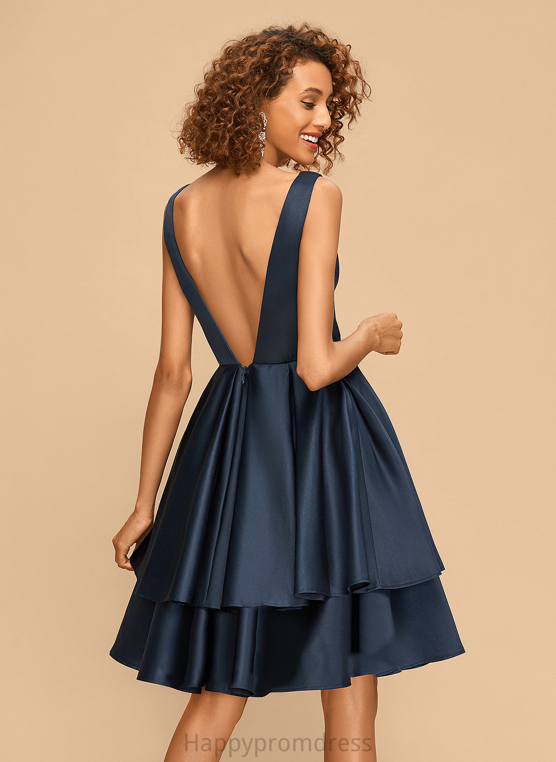 Knee-Length Satin Dress V-neck Aubrie Homecoming Dresses A-Line Homecoming