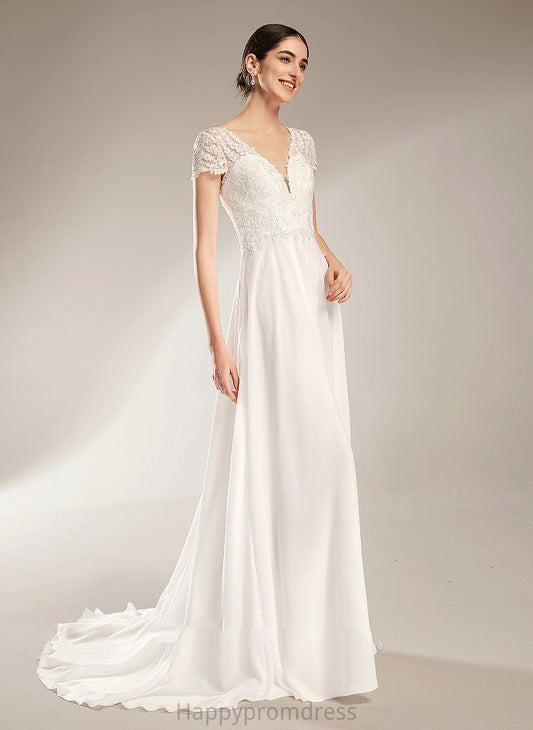 Wedding Dress Court V-neck Bow(s) Train Ann A-Line With Wedding Dresses