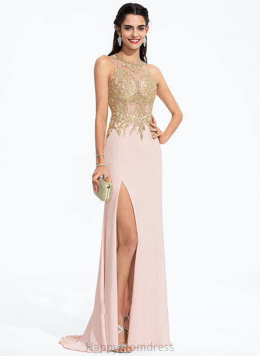 Sheath/Column Prom Dresses Sweep Scoop Lace With Neck Jersey Sequins Maggie Train