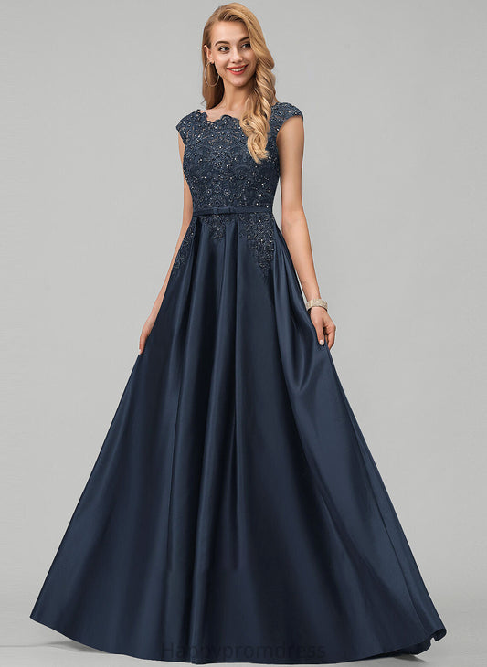 Prom Dresses Lace Journey With Bow(s) Pockets Sequins Beading Ball-Gown/Princess Neck Satin Scoop Floor-Length