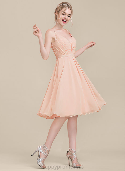 A-Line Embellishment Knee-Length Fabric Silhouette Length Ruffle V-neck Neckline Isabell Sleeveless A-Line/Princess Bridesmaid Dresses