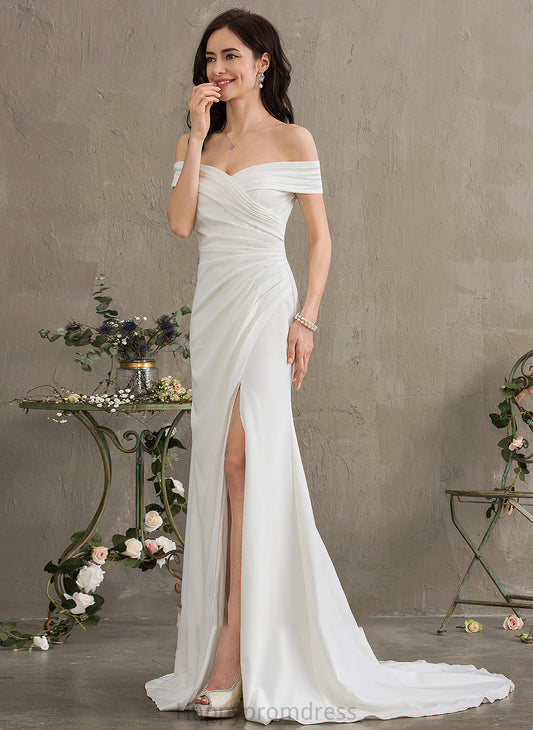 Sweep With Ruffle Stretch Wedding Dresses Sheath/Column Dress Wedding Aleah Crepe Front Train Off-the-Shoulder Split