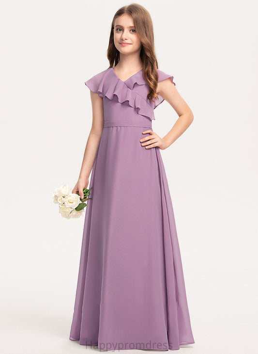 A-Line Floor-Length Mariana V-neck Cascading With Junior Bridesmaid Dresses Chiffon Bow(s) Ruffles