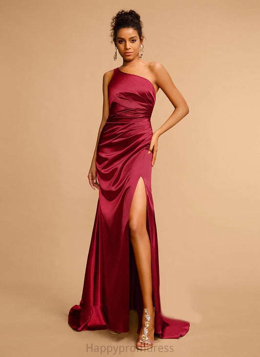 One-Shoulder Front Novia Split Train Sweep Prom Dresses Satin Pleated With Sheath/Column