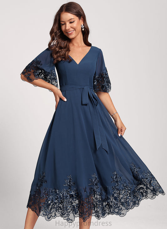 Cocktail Sequins Anya Dress A-Line V-neck Club Dresses Chiffon With Tea-Length Lace