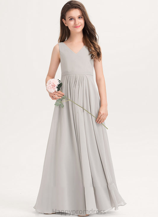 V-neck Chiffon Junior Bridesmaid Dresses Kiara Pockets A-Line With Floor-Length