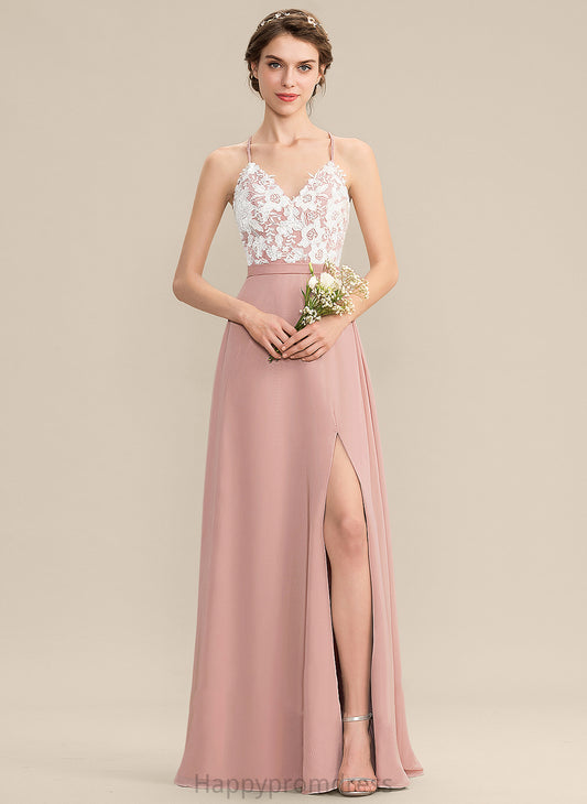 With Chiffon Front Split V-neck A-Line Prom Dresses Lace Yareli Floor-Length