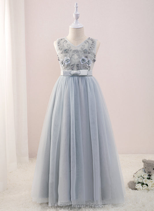 V-neck Dress A-Line Sleeveless Elena Flower Girl Dresses Floor-length Tulle/Lace Girl With Beading/Flower(s) - Flower