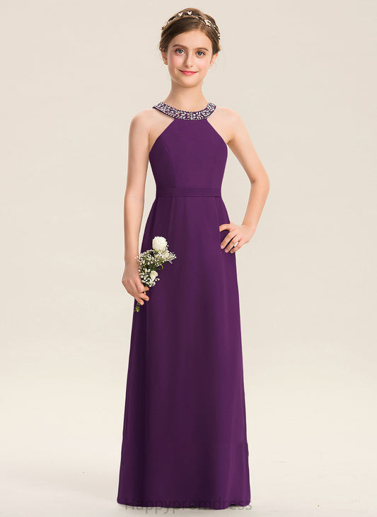 Stella Junior Bridesmaid Dresses Bow(s) A-Line Floor-Length Neck Beading Scoop With Chiffon