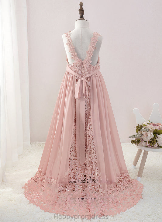 Dress V-neck Floor-length Beading - With Chiffon/Lace Sleeveless Flower A-Line Lauryn Flower Girl Dresses Girl