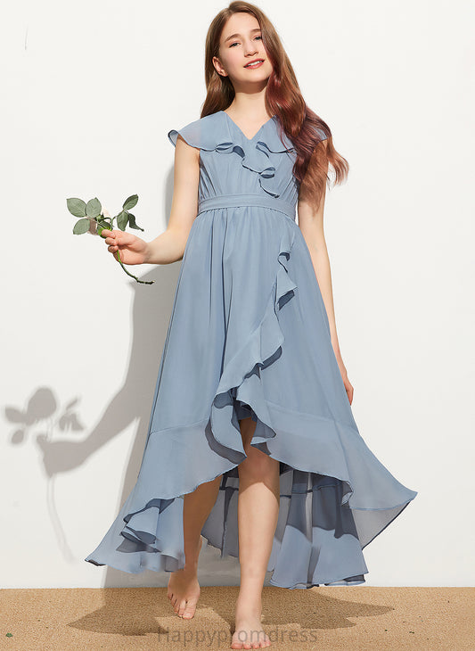 V-neck Bow(s) Junior Bridesmaid Dresses Chiffon With Asymmetrical Cascading Ruffles Karsyn A-Line