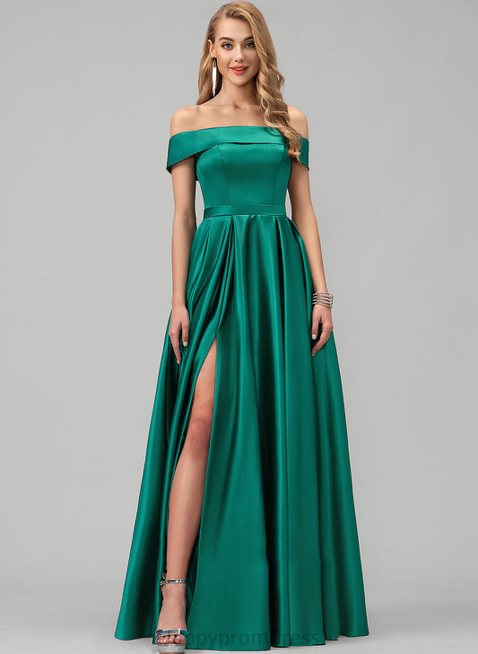 Adalyn Floor-Length Ball-Gown/Princess With Split Front Prom Dresses Pockets Off-the-Shoulder Satin