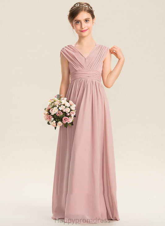 A-Line V-neck Floor-Length Ruffle With Junior Bridesmaid Dresses Saige Bow(s) Chiffon