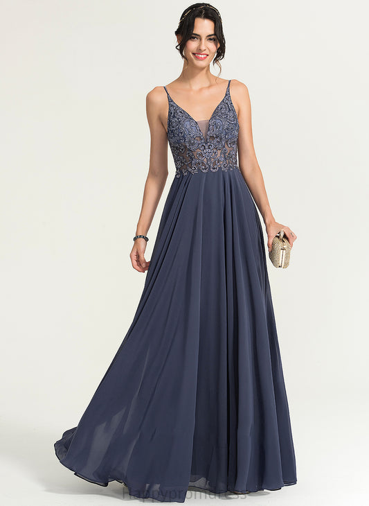 Beading A-Line Floor-Length Aileen Chiffon Sequins With V-neck Prom Dresses