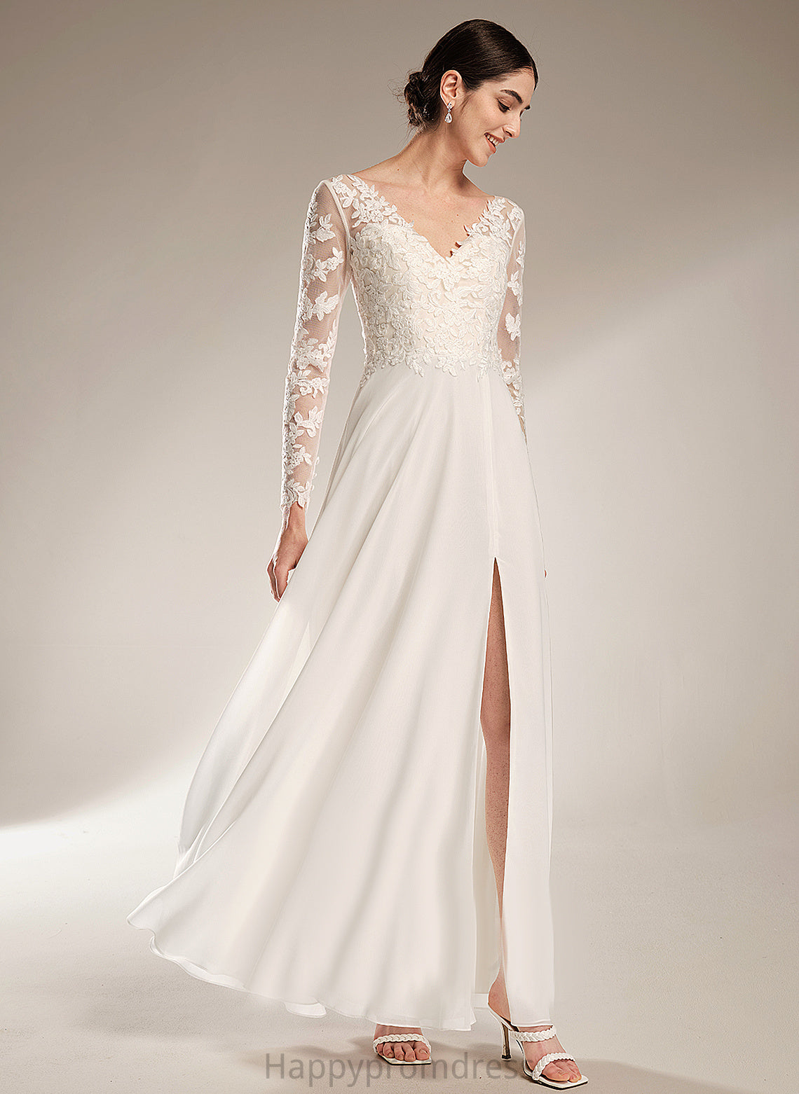 Floor-Length Lace A-Line Front Split Chiffon With Wedding Wedding Dresses V-neck Dress Sarahi