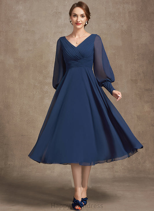 V-neck Alice Mother of the Bride Dresses Mother the Ruffle Bride With of Dress A-Line Chiffon Tea-Length