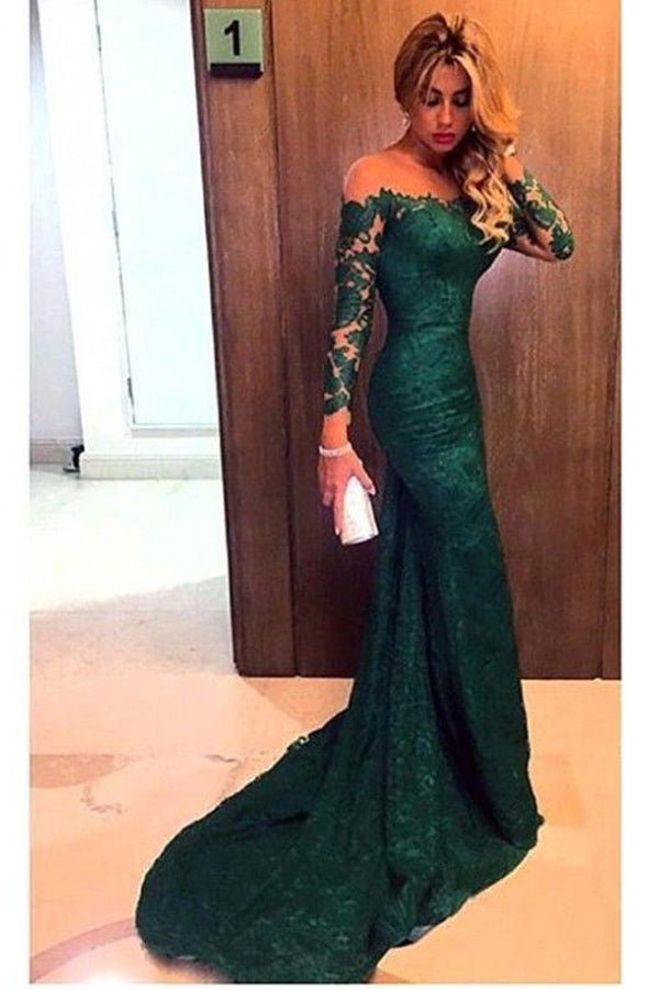 Green Sheath Court Train Long Sleeve Off Shoulder Zipper Back Lace Prom Dresses