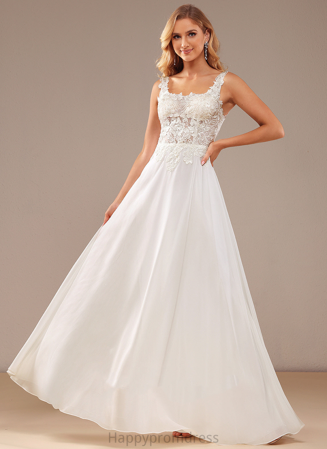 A-Line Neckline Wedding Square Chiffon Sequins Wedding Dresses Floor-Length Dress Leanna Lace Lace With