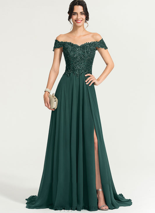 Train A-Line Maisie Chiffon Split Sequins With Off-the-Shoulder Front Prom Dresses Sweep