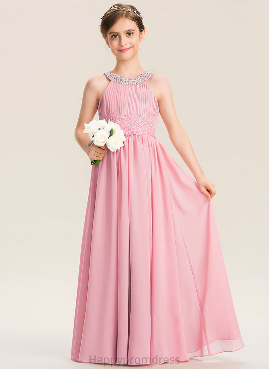 Neck Ruffle Beading With Junior Bridesmaid Dresses Scoop Laci Lace Floor-Length A-Line Chiffon Sequins