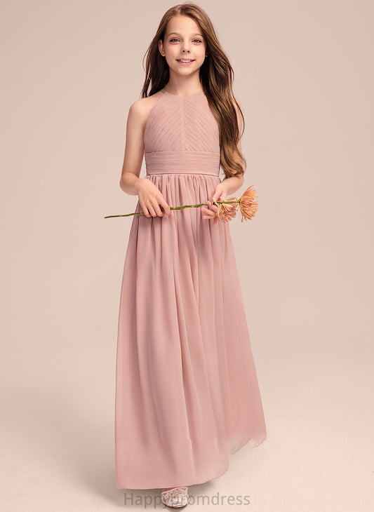 A-Line Ruffle Junior Bridesmaid Dresses Chiffon Floor-Length Neck Melina With Scoop