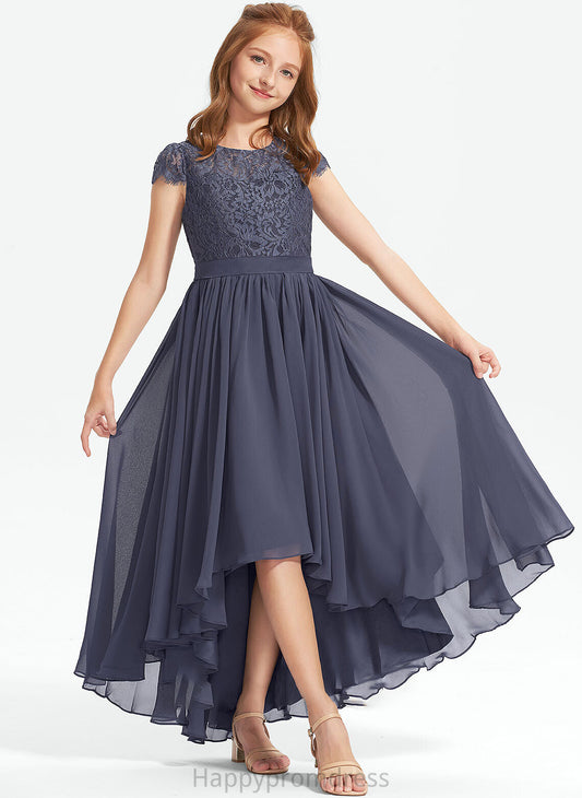 Scoop Neck Lace Junior Bridesmaid Dresses Mila A-Line Asymmetrical Chiffon