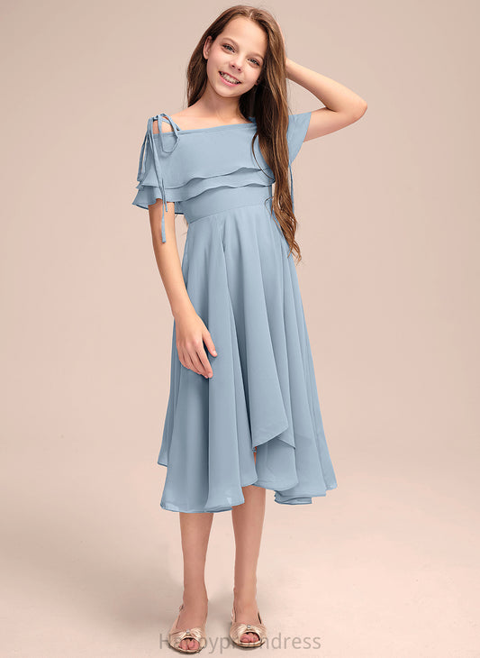 Cascading Chiffon Off-the-Shoulder Ryan A-Line Ruffles With Asymmetrical Junior Bridesmaid Dresses