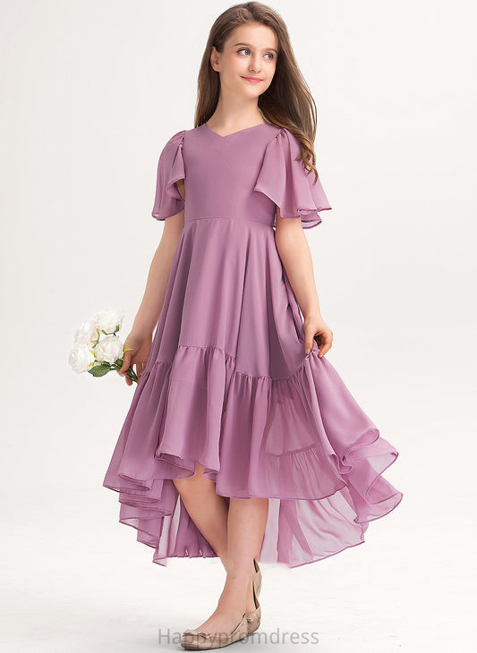 Asymmetrical Chiffon A-Line Junior Bridesmaid Dresses Ruffles Cascading Addyson V-neck With