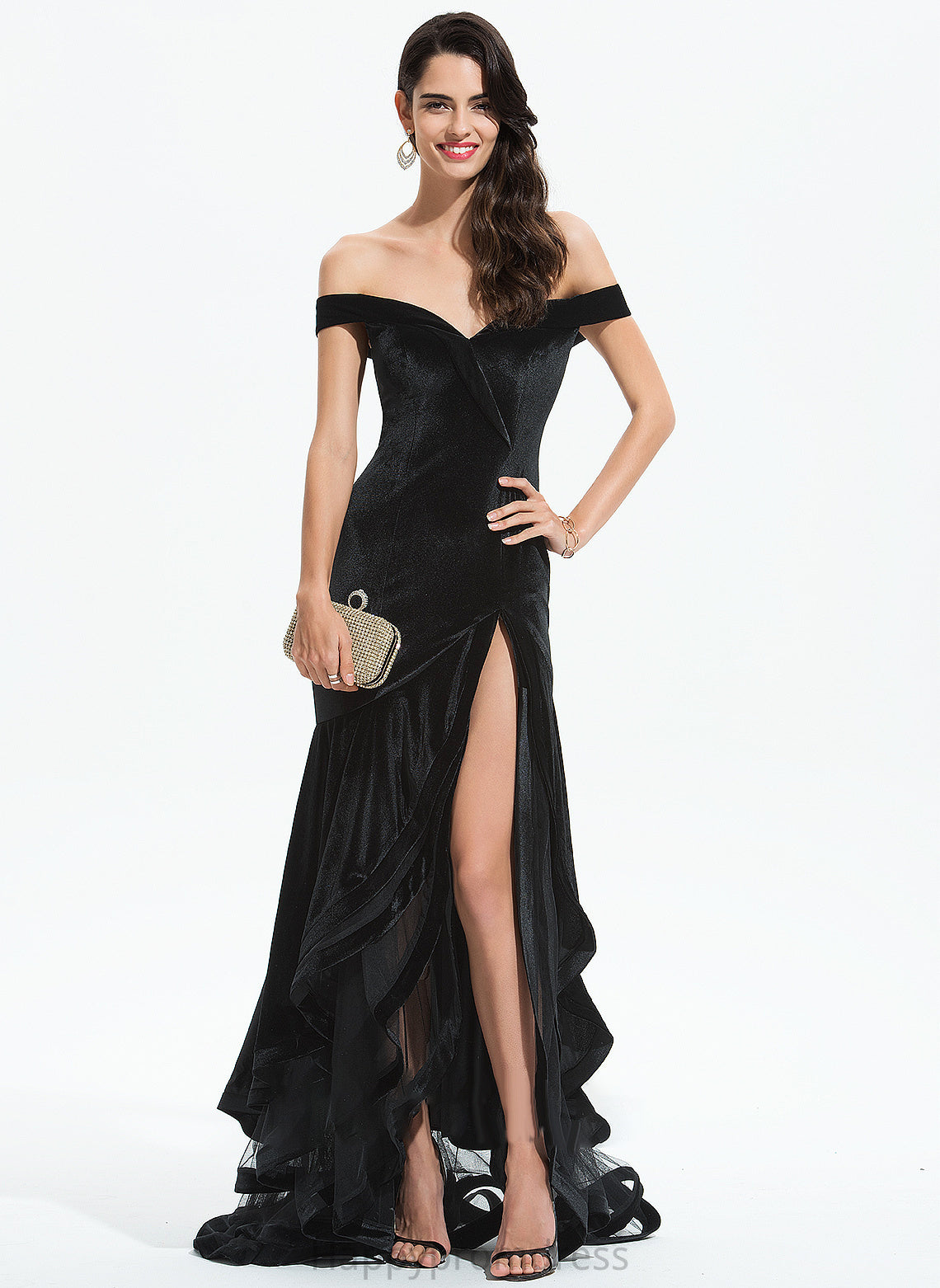 Velvet With Off-the-Shoulder Ruffles Sweep Prom Dresses Cascading Train Trumpet/Mermaid Natalia