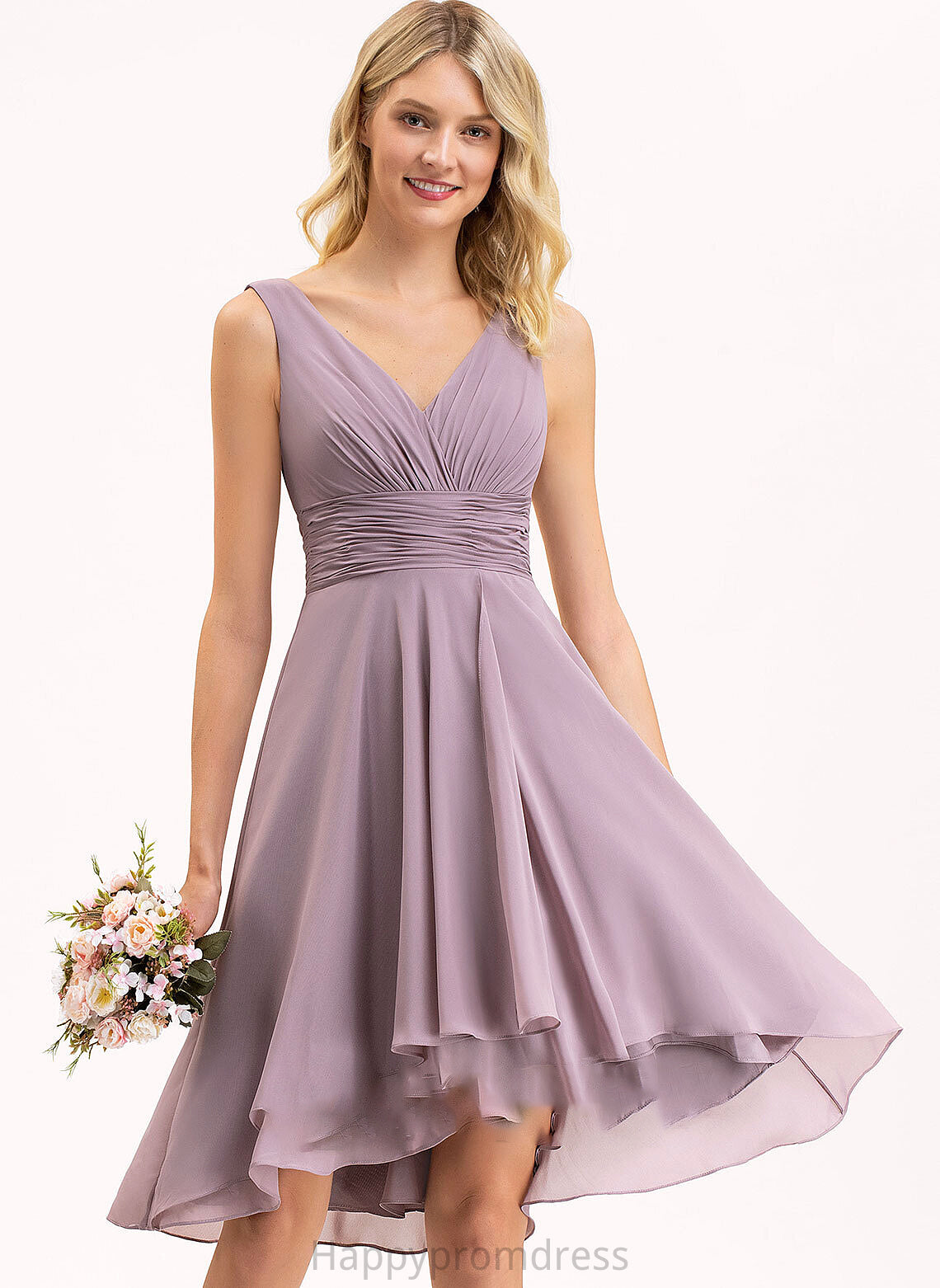 Embellishment Silhouette Asymmetrical A-Line Ruffle Length Fabric Neckline V-neck Matilda Natural Waist V-Neck Bridesmaid Dresses