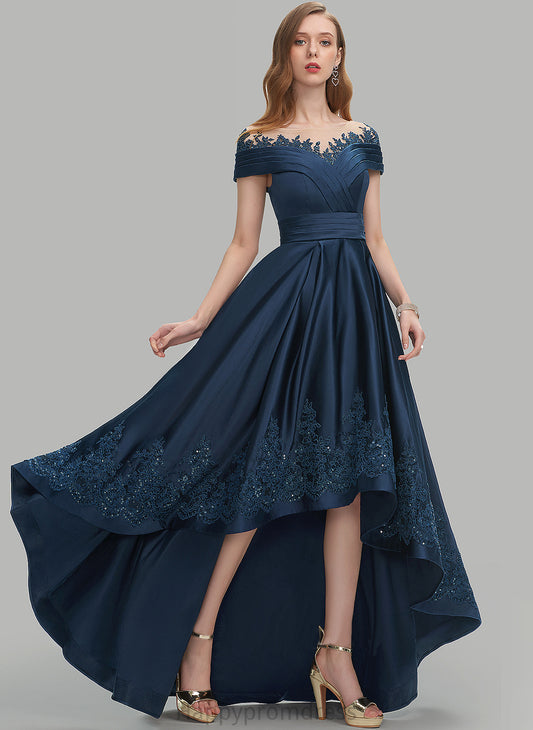 Ball-Gown/Princess Hailie With Asymmetrical Neck Pockets Prom Dresses Satin Scoop Sequins