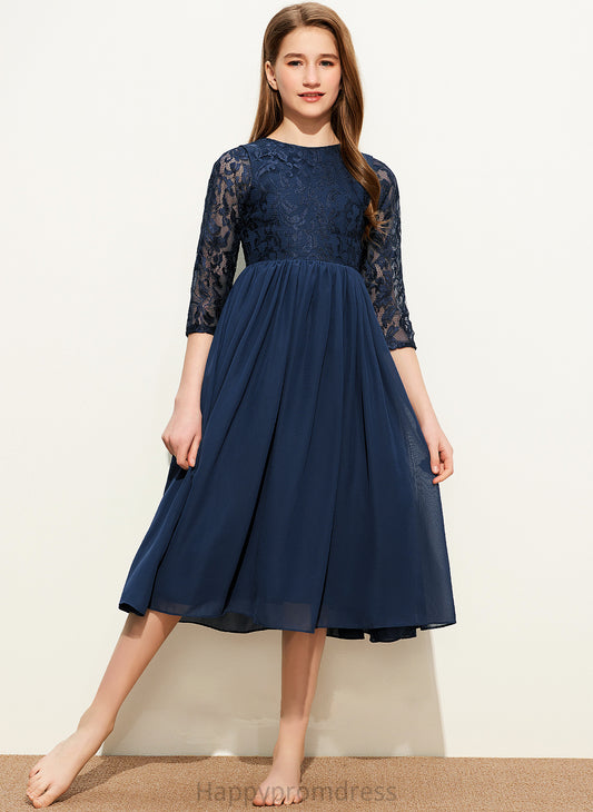 Ashlyn Neck Scoop Tea-Length A-Line Chiffon Lace Junior Bridesmaid Dresses