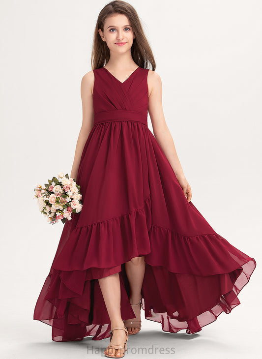 Bow(s) Autumn Cascading Junior Bridesmaid Dresses V-neck Ruffles Chiffon With Asymmetrical A-Line