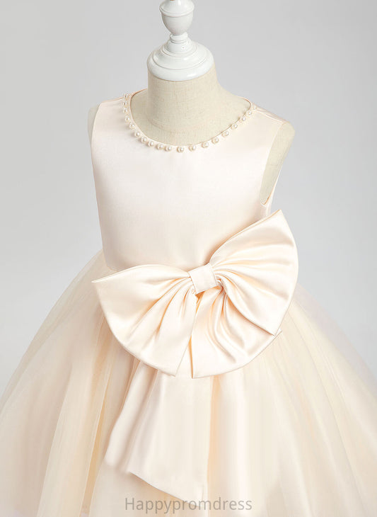 With Scalloped Sleeveless Girl - Flower Girl Dresses A-Line Knee-length Pru Satin Dress Beading/Bow(s) Flower Neck